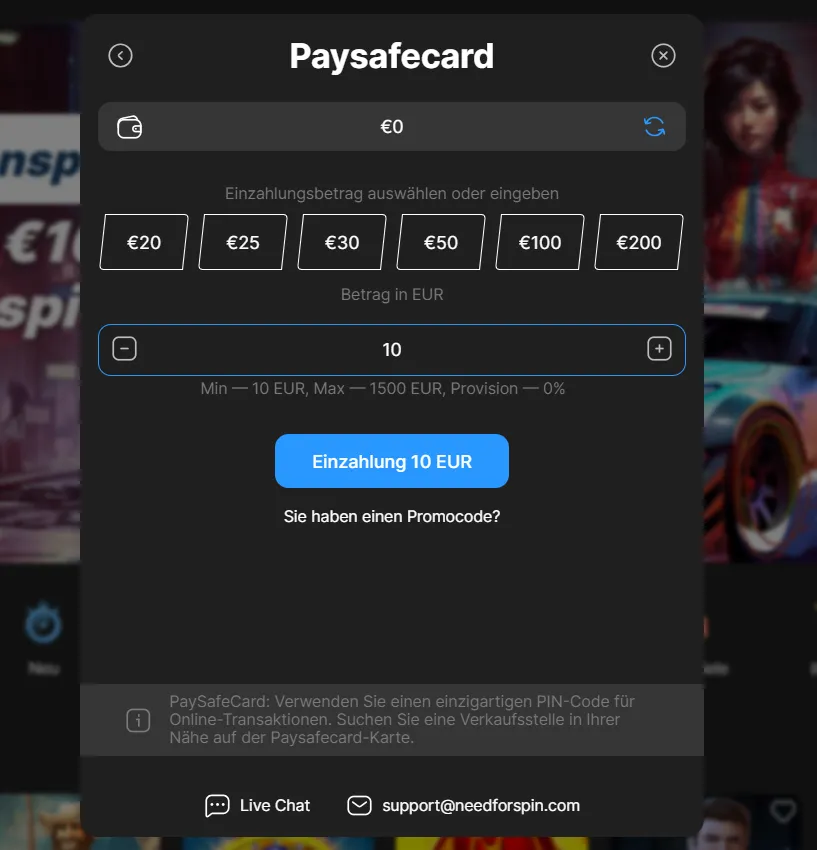 Paysafecard-Zahlung im Need for Spin Casino