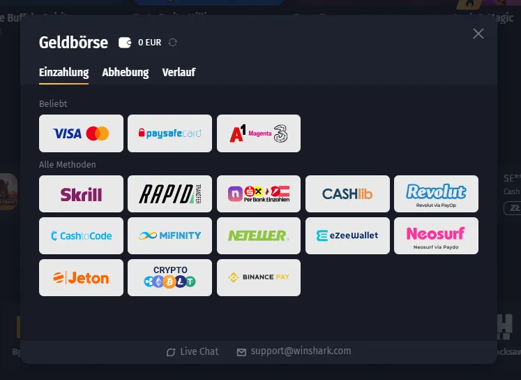 Winshark Casino Einzahlung methoden
