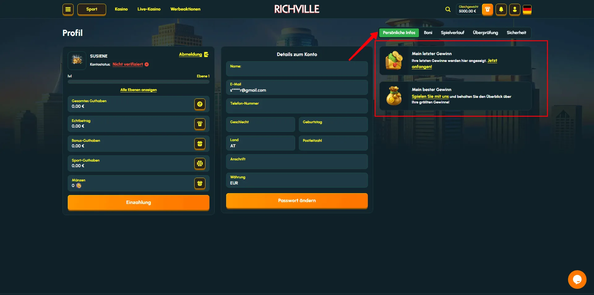 Benutzerprofil und kürzliche Gewinne auf der Richville Casino Plattform Screenshot einer Benutzerprofil-Seite auf Richville Casino, die persönliche Informationen, den aktuellen Kontostand und kürzliche Gewinne anzeigt
