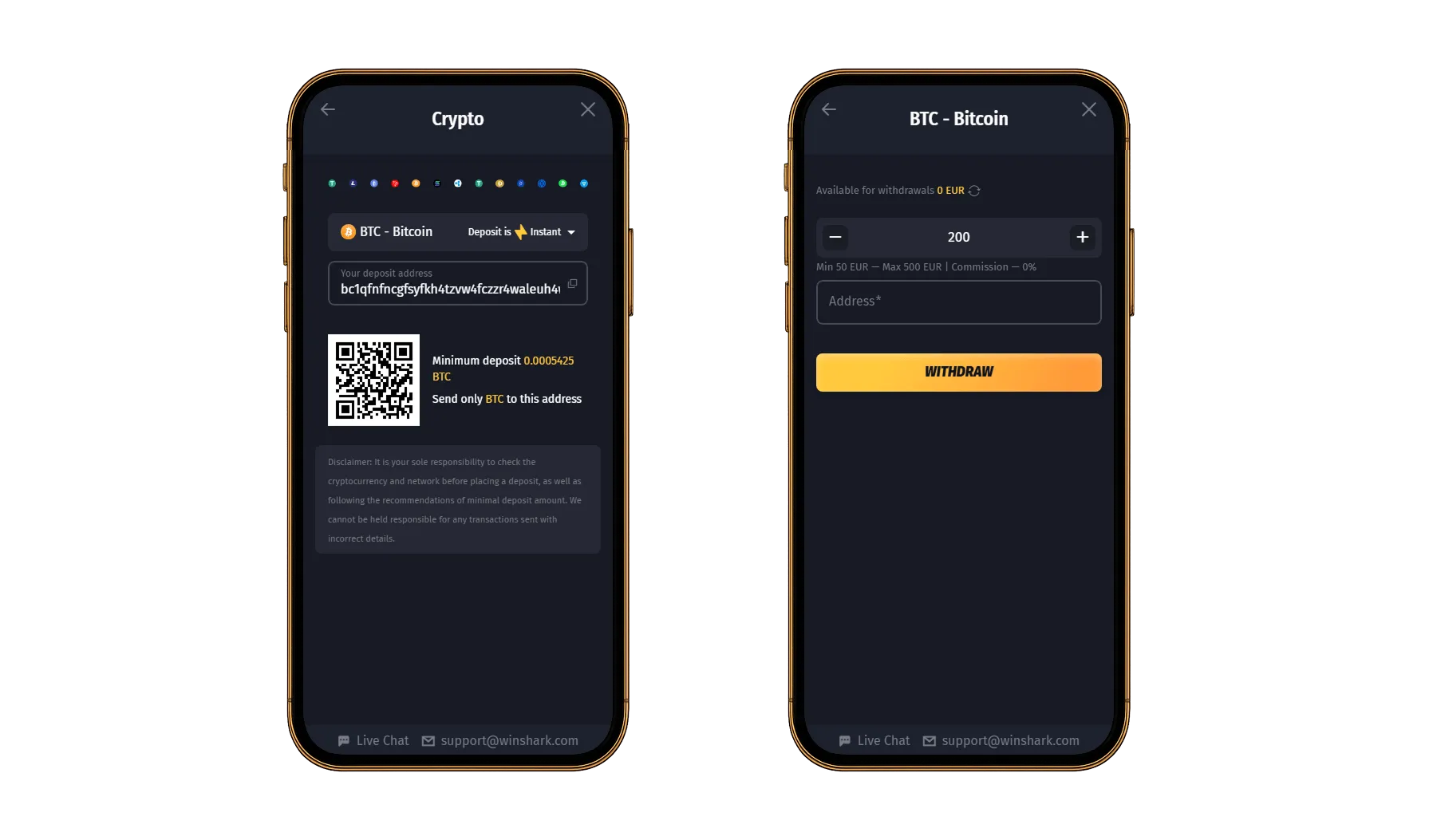 Bitcoin-Einzahlung und -Auszahlung im Online Casino Mobile Ansicht für BTC-Transaktionen im Casino mit Einzahlungsadresse, QR-Code und Auszahlungsformular