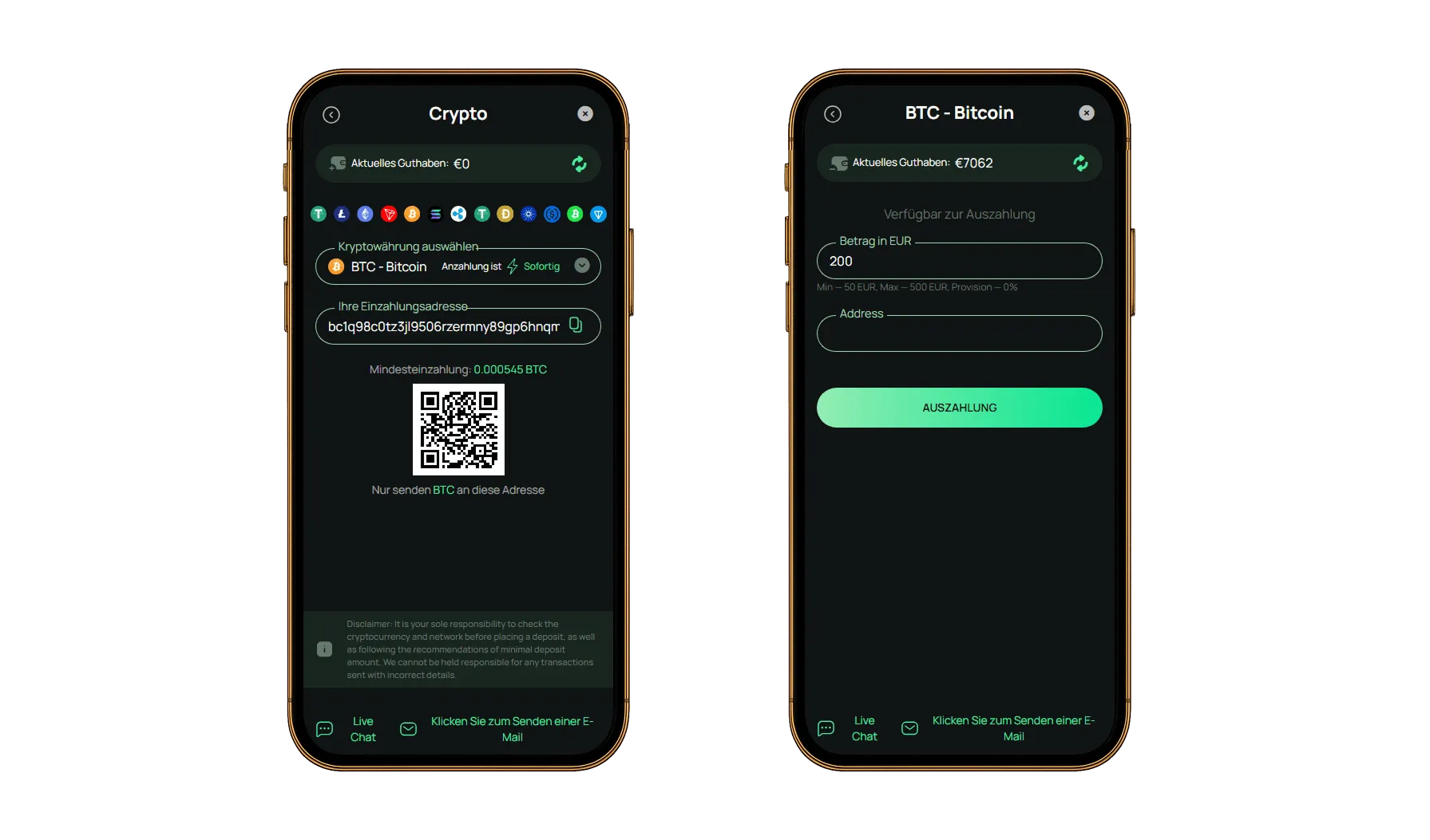 Krypto-Zahlungen im Online Casino: Bitcoin einzahlen und auszahlen Mobile Benutzeroberfläche zur Bitcoin-Einzahlung mit Wallet-Adresse und QR-Code sowie Auszahlungsmaske mit Betragseingabe.