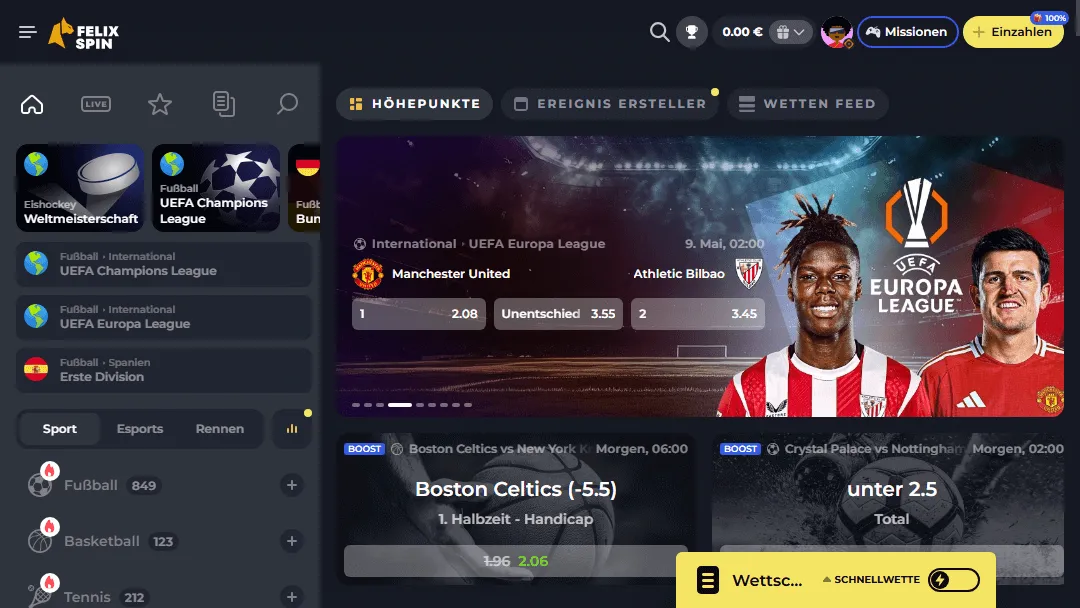UEFA Europa League Quoten bei Felix Spin Sportwetten UEFA Europa League Wettquoten für Manchester United gegen Athletic Bilbao auf der Felix Spin Online-Sportwetten-Seite