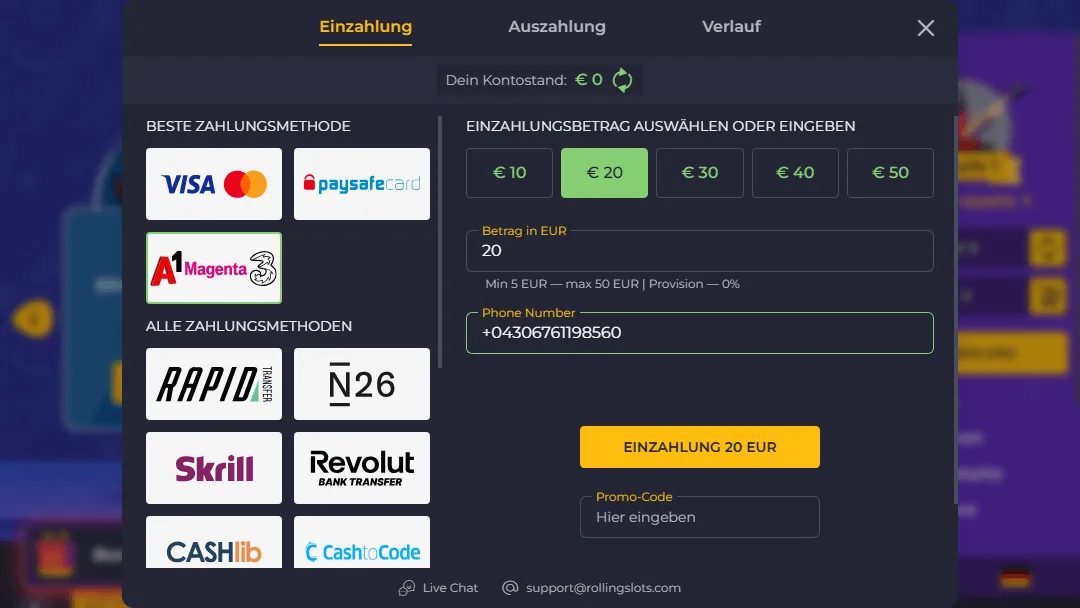 Einzahlungsoptionen bei Rolling Slots Casino mit A1, Magenta, Drei, VISA, paysafecard, Skrill, Revolut, N26 und weiteren Methoden für österreichische Spieler.