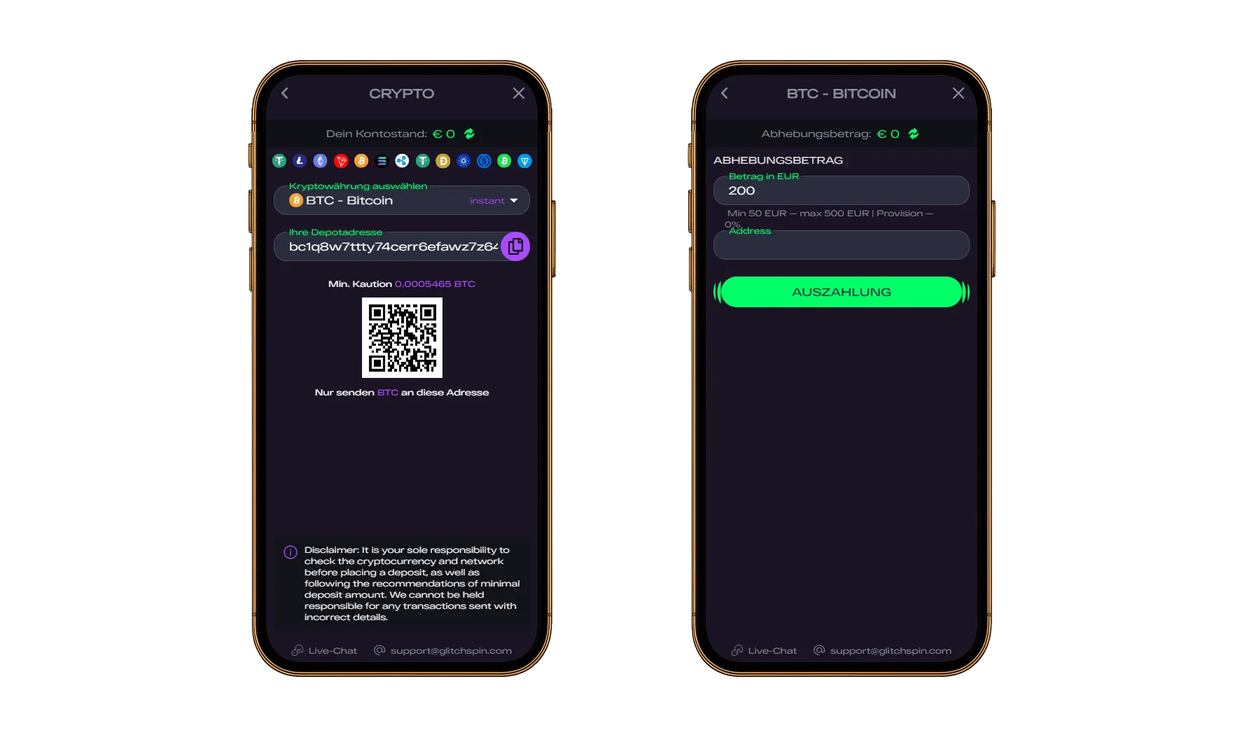 Bitcoin-Zahlungen bei Glitchspin: Einzahlung und Auszahlung Mobile Oberfläche zur Bitcoin-Einzahlung mit Wallet-Adresse und QR-Code sowie Auszahlungsmaske mit Eingabefeldern und Button.