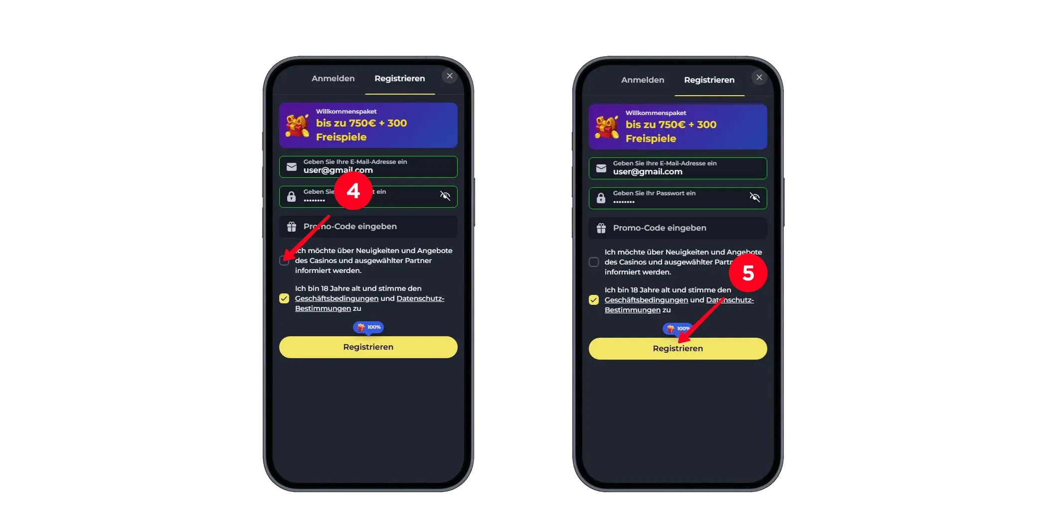 Ein Mobiltelefonbildschirm zeigt das Anmeldeformular von Felix Spin Casino mit der abschließenden Bestätigung, einschließlich der Zustimmung zu den Geschäftsbedingungen und der Fertigstellung der Registrierung