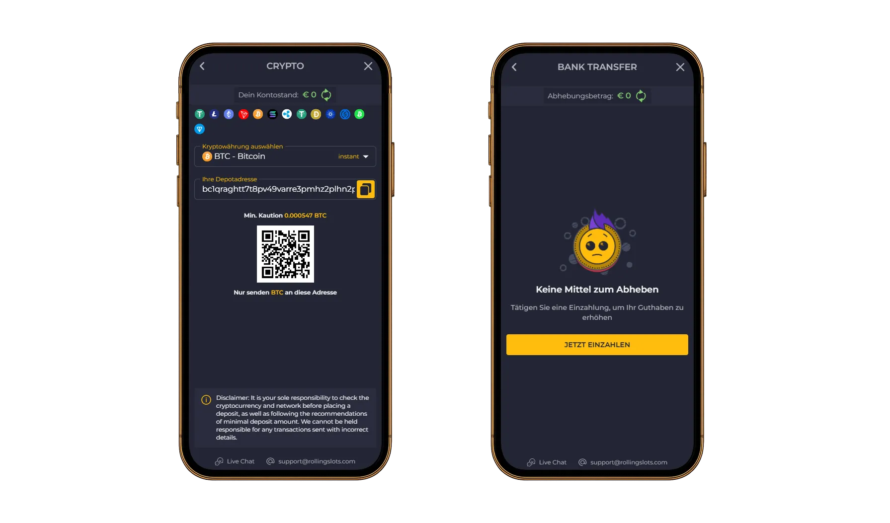 Krypto-Einzahlung und Hinweis bei fehlendem Guthaben für Bankauszahlung Mobile Anzeige zur Bitcoin-Einzahlung mit QR-Code und Warnmeldung bei Bankauszahlung ohne verfügbares Guthaben