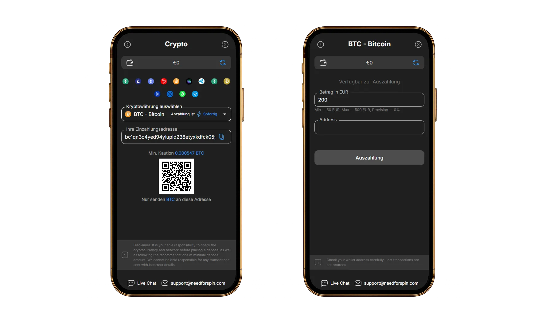 Need-for-spin-bitcoin-einzahlung-auszahlung-mobile-ansicht Zwei Smartphone-Bildschirme zeigen die Benutzeroberfläche von Need for Spin Casino für Bitcoin-Transaktionen. Links ist die Krypto-Einzahlungsseite mit Bitcoin-Wallet-Adresse, QR-Code und einer Mindestkaution von 0,000547 BTC dargestellt. Rechts sieht man
