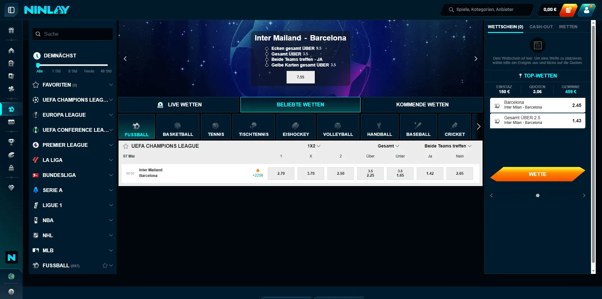 Ninlay Sportwetten – Quoten für Inter Mailand gegen Barcelona in der UEFA Champions League Quoten für das UEFA-Champions-League-Spiel Inter Mailand gegen Barcelona