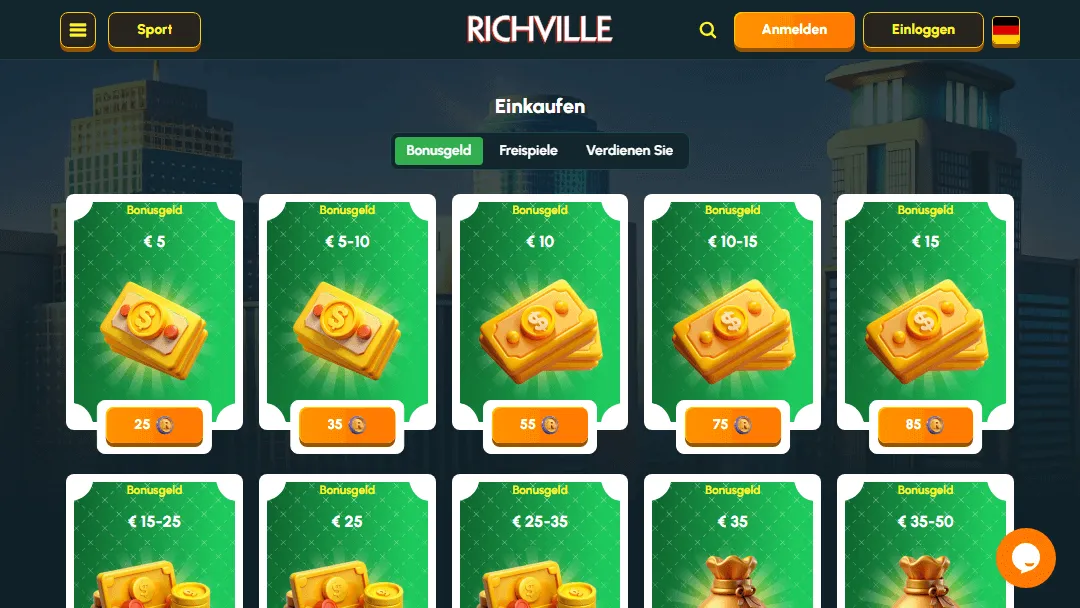Richville Bonus Belohnungs-Shop-Seite Bonusbeträge und entsprechende Münzwerte für verschiedene Belohnungen auf der Richville Online Casino Shop-Seite