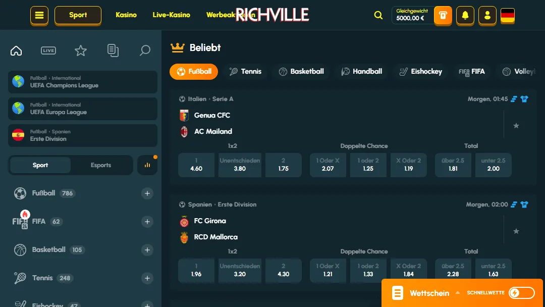 Sportwetten platzieren bei Richville Casino – Fußball Screenshot der Sportwetten-Oberfläche von Richville Casino mit Fußballquoten Menüoptionen für weitere Sportarten und einem Wettschein unten rechts