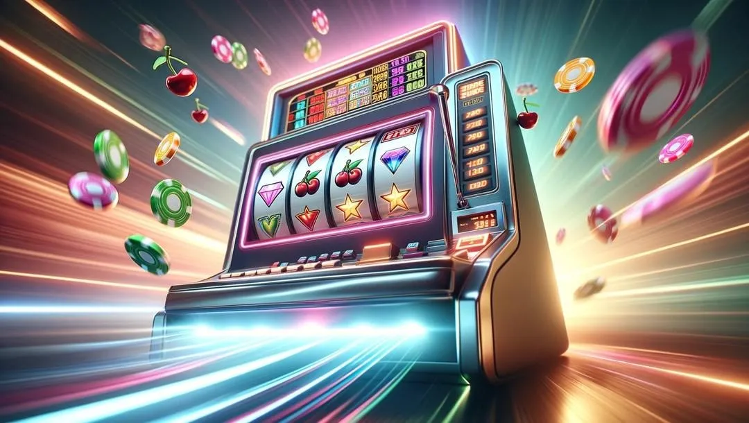 Klassischer Spielautomat mit Jetons und Casino-Atmosphäre in Bewegung Leuchtender Spielautomat mit klassischen Symbolen wie Kirschen, Sternen und Diamanten, umgeben von fliegenden Jetons und Lichtstrahlen in einem dynamischen Casino-Design.
