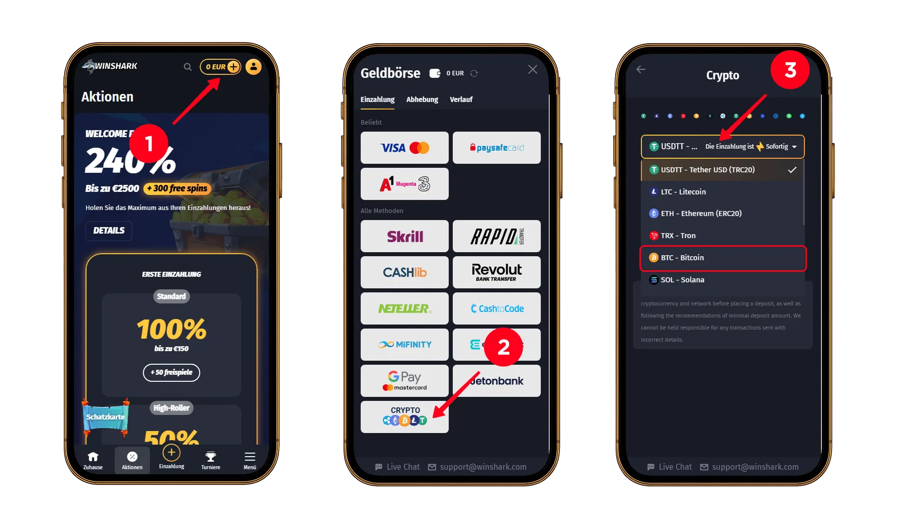 Schritt-für-Schritt zur Bitcoin-Einzahlung bei Winshark Mobile Anleitung zur Auswahl von Bitcoin als Einzahlungsmethode bei Winshark über das Wallet- und Krypto-Menü.