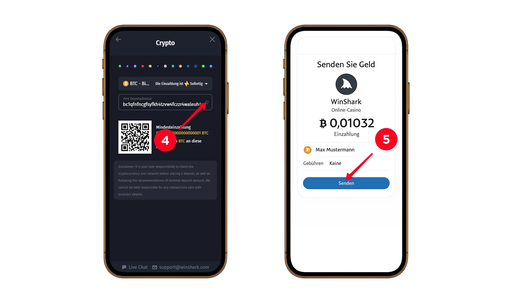 Bitcoin an WinShark senden – Einzahlung abschließen Zwei mobile Bildschirme zeigen die BTC-Zieladresse bei WinShark und den Bestätigungsschritt zur Überweisung des Einzahlungsbetrags