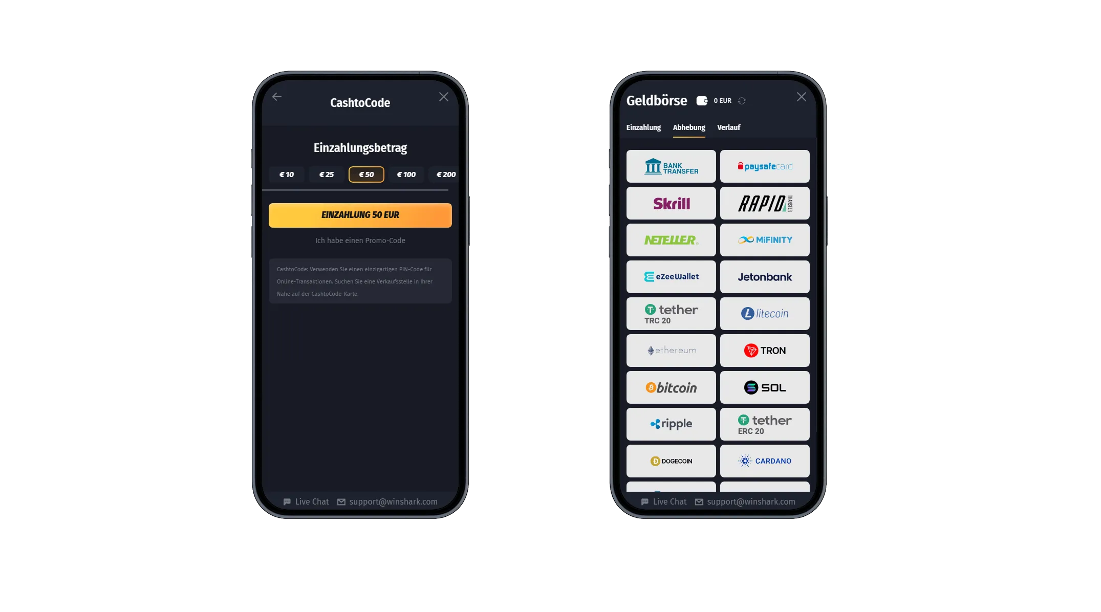 Winshark Casino – CashtoCode Einzahlungsauswahl und Krypto-Auszahlungsoptionen Einzahlung mit CashtoCode und Übersicht der verfügbaren Zahlungsmethoden für Auszahlungen im Online Casino