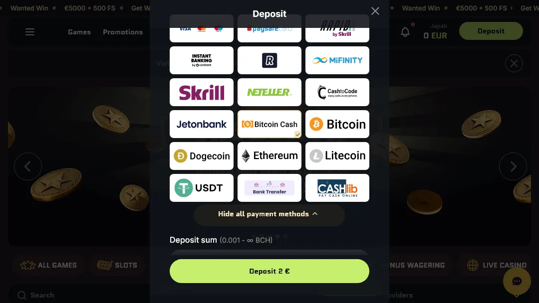 Wanted Win Casino – Einzahlung ab 2 € mit Bitcoin, Ethereum, Skrill, Cashlib und mehr Einzahlungsoptionen im Online Casino mit Kryptowährungen, E-Wallets und Banküberweisung