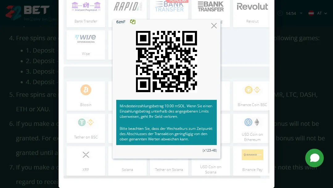 22BET Einzahlung mit Solana (mSOL) – Mindestbetrag und Hinweis zur Kursschwankung QR-Code für 10.00 mSOL Einzahlung bei 22BET Casino mit Warnhinweis