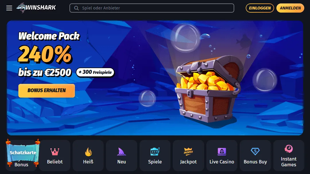 Jetzt Willkommensbonus von 240 % bis zu 2500 € und 300 Freispiele bei WinShark sichern Promotionsbanner von WinShark Casino mit 240 % Willkommensbonus bis zu 2500 € und 300 Freispielen, mit animierter Unterwasserwelt und Schatztruhe voller Goldmünzen