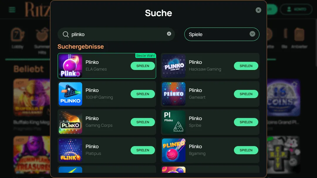 Screenshot der Suchergebnisse für „Plinko“-Spiele im Ritzo Casino. Verschiedene Anbieter wie ELA Games, 100HP Gaming, Gaming Corps, Hacksaw Gaming, Gameart, Spribe