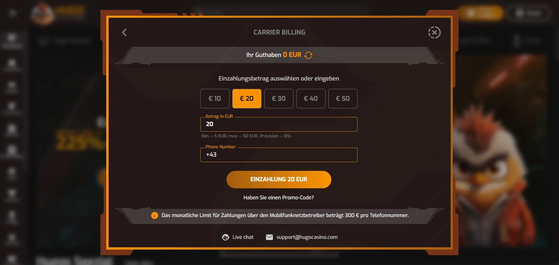 Beim Bezahlen im Online Casino per SMS zeigt Hugo Casino das monatliche Limit pro Telefonnummer Im Hugo Online Casino per SMS bezahlen