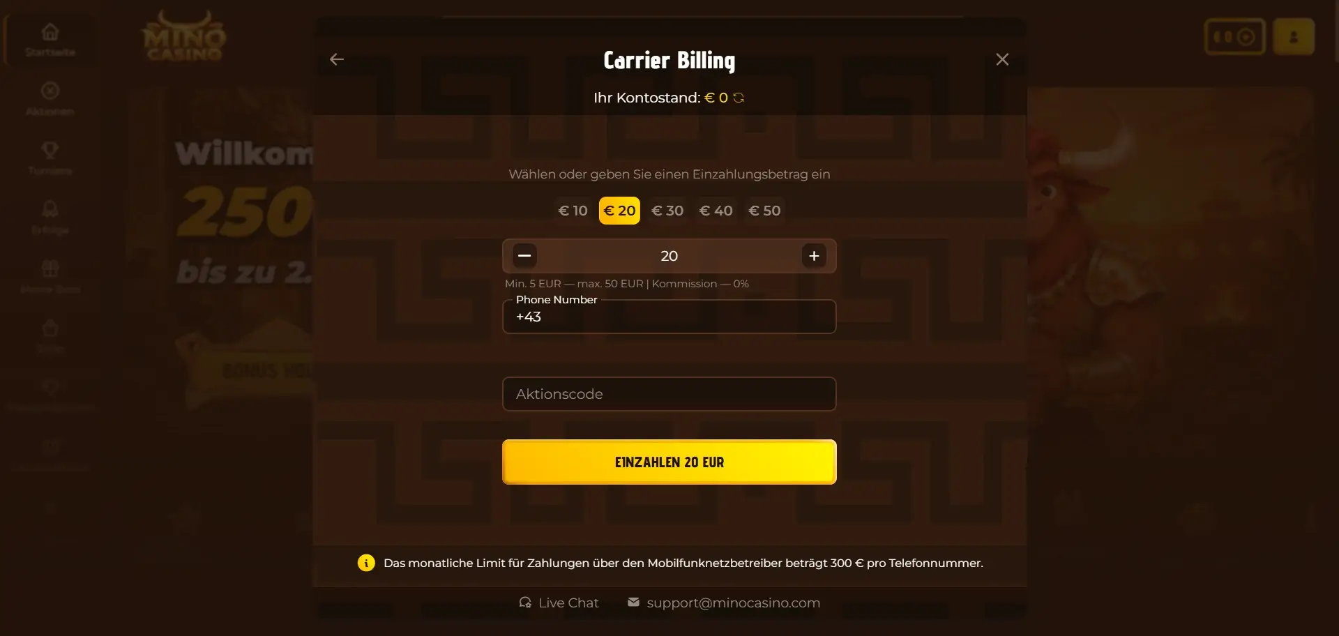 Mino Casino Carrier Billing mit Betrag, Telefonnummer und Aktionscode zum Bezahlen im Online Casino per SMS Im Mino Online Casino per SMS bezahlen