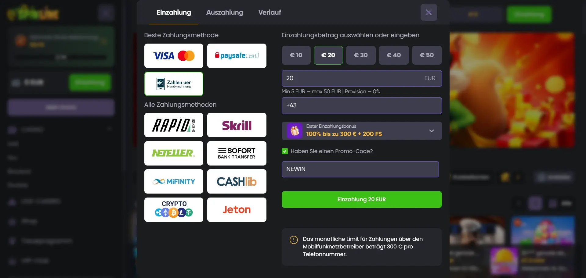Spinline Einzahlung mit Promo-Code und Handyrechnung als Option, um online per SMS im Casino zu bezahlen Online Casino per SMS bezahlen bei Spinline