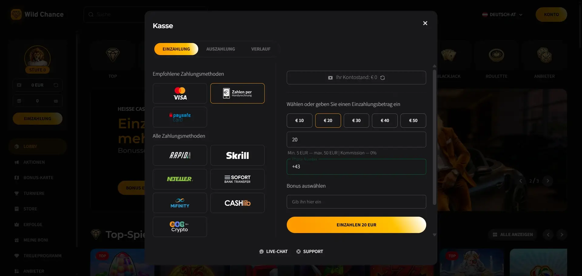 Wild Chance als Casino mit Handyrechnung und Willkommenspaket auf der Startseite Handyrechnung als Zahlungsmethode im Wild Chance