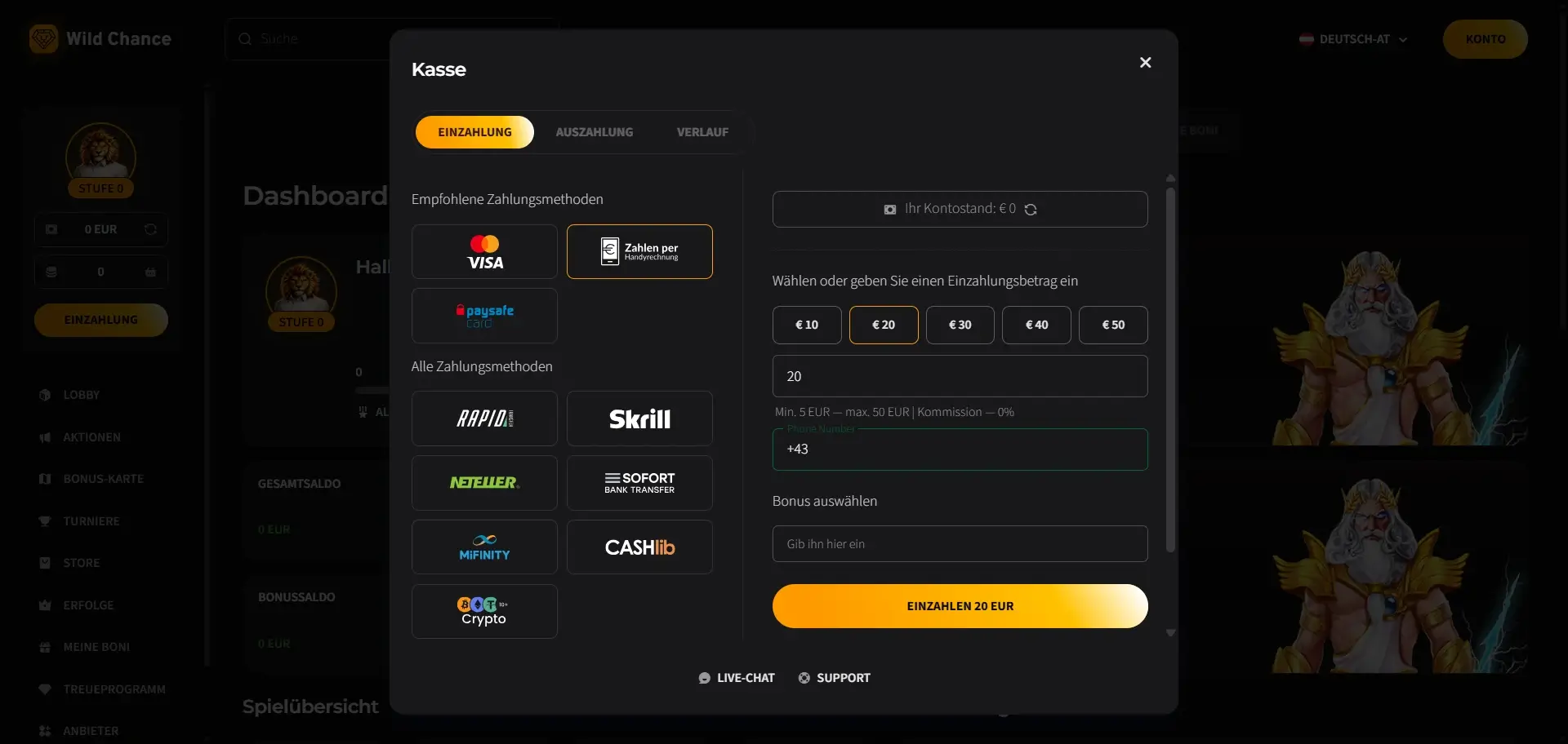 Wild Chance Kasse zeigt Zahlen per Handyrechnung als Weg, online per SMS im Casino zu bezahlen Online Casino per SMS bezahlen bei Wild Chance