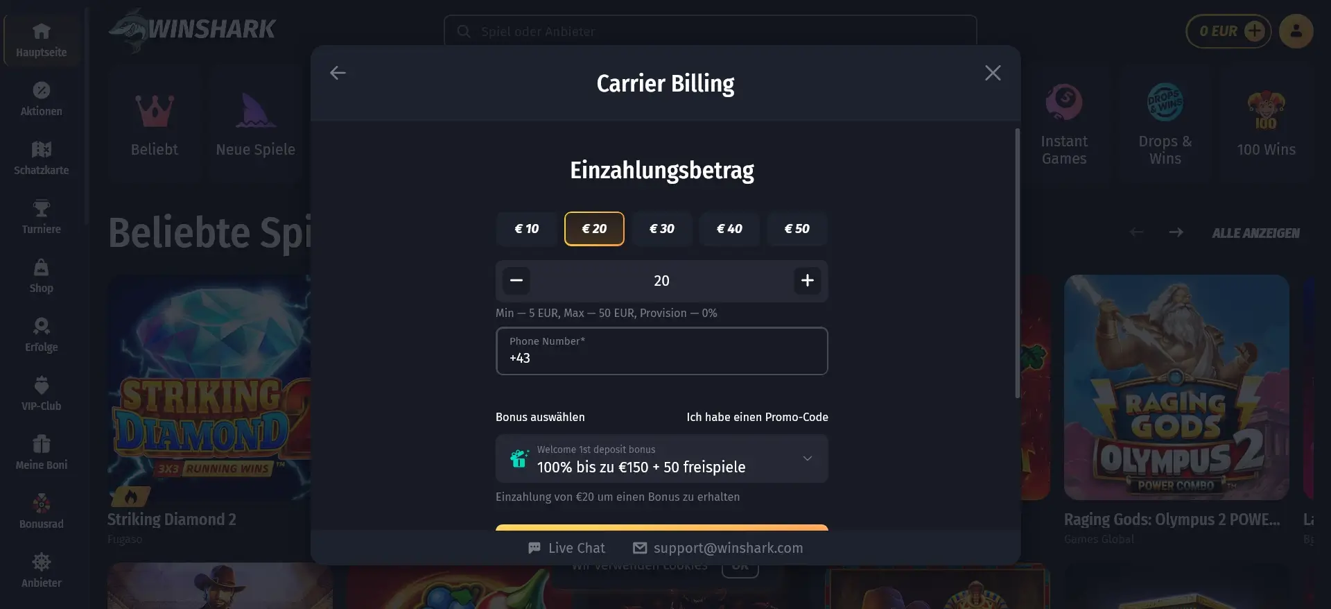 WinShark Carrier Billing mit Betragsauswahl und Telefonnummer, um im Online Casino per SMS zu bezahlen Im WinShark Online Casino per SMS bezahlen